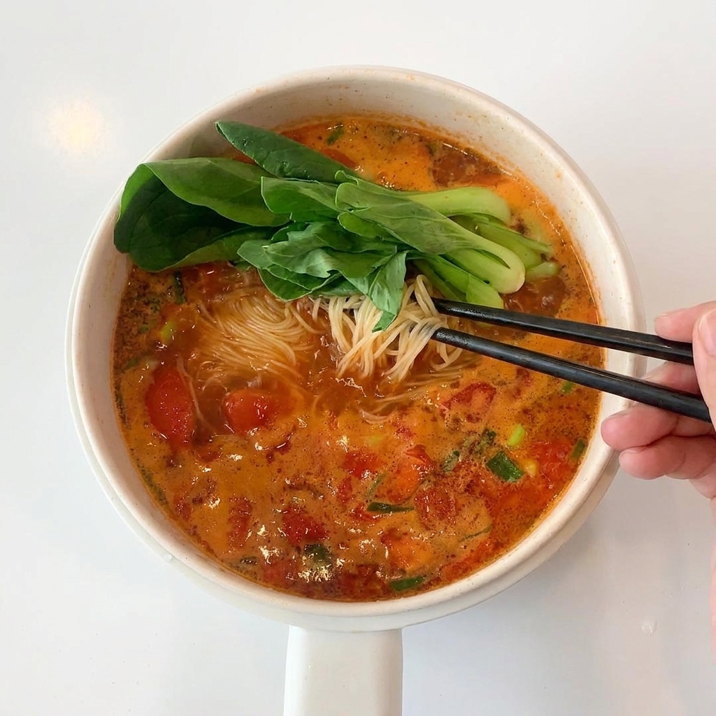 Primo piano di una pentola di zuppa di pomodoro bollente, con noodles e verdure verdi che vengono mescolati.