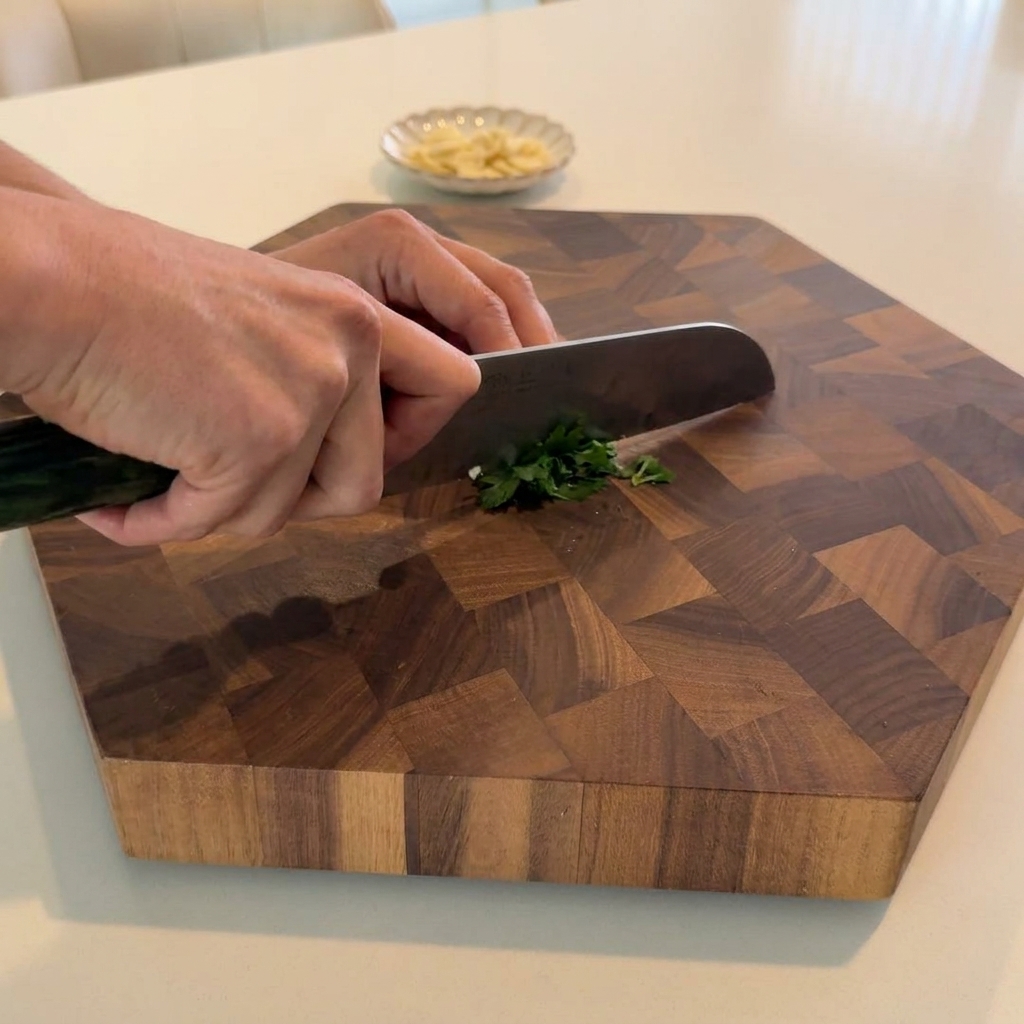 Prezzemolo fresco tritato finemente su un tagliere di legno.