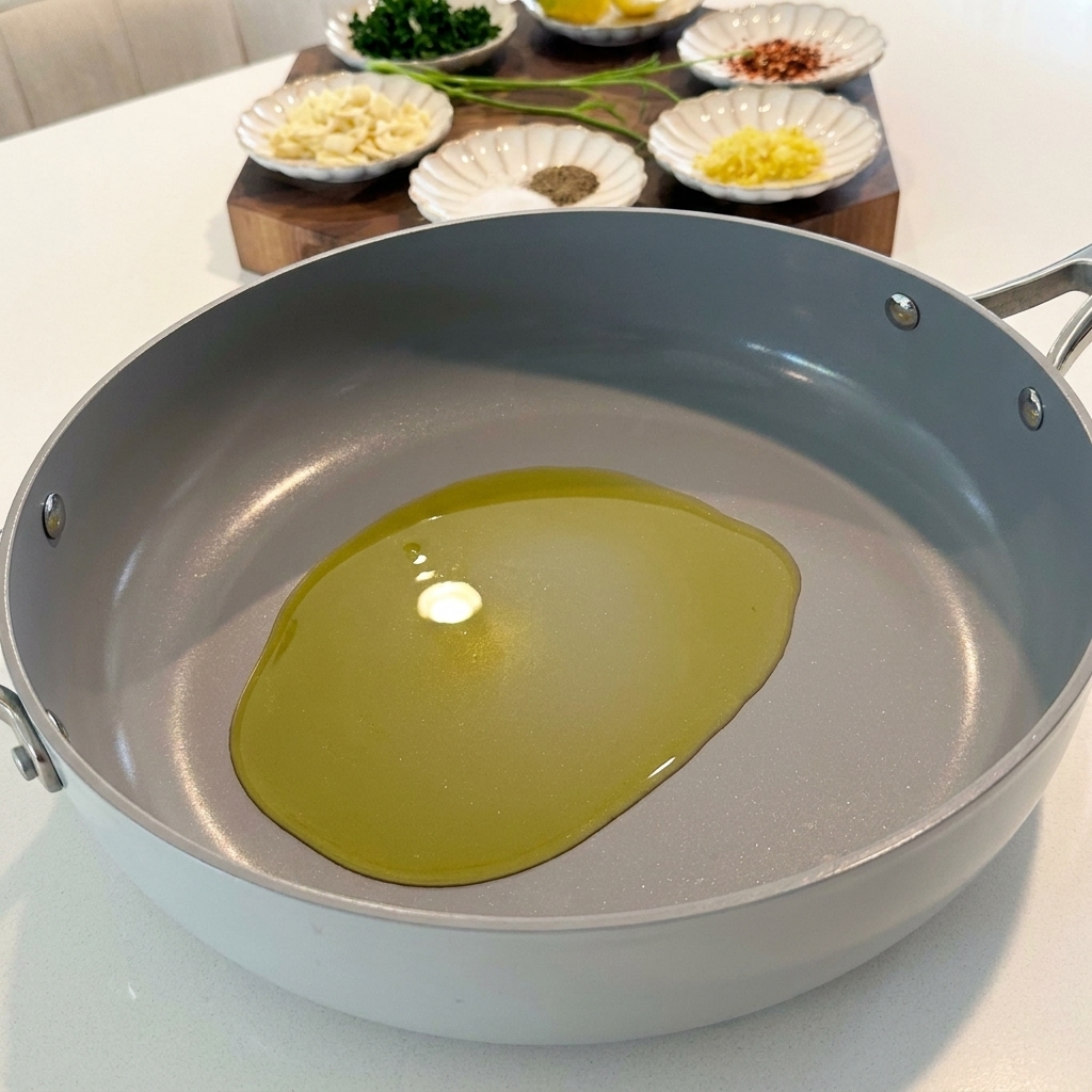 Olio extravergine di oliva versato in una padella capiente.
