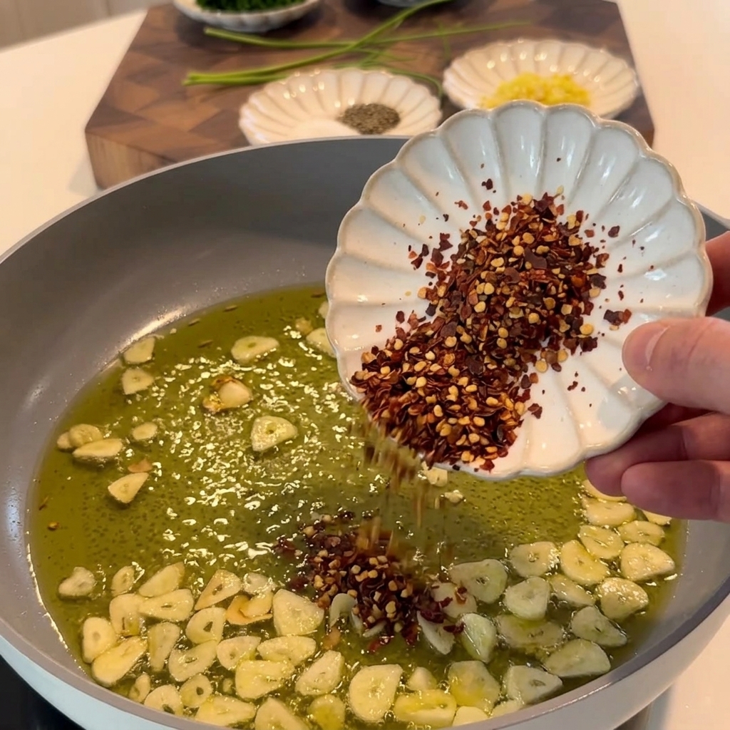 Scaglie di peperoncino aggiunte in padella con laglio e lolio.