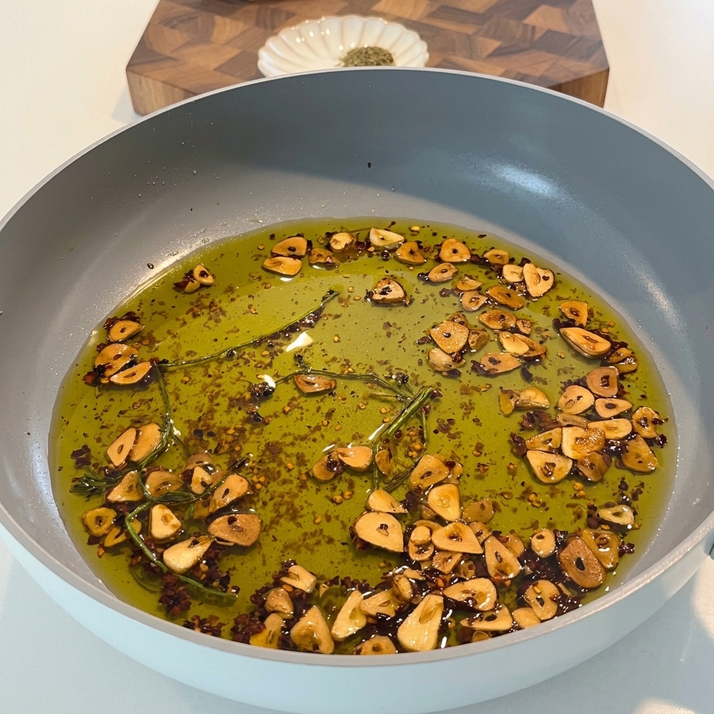 Acqua di cottura della pasta versata in padella per emulsionare.