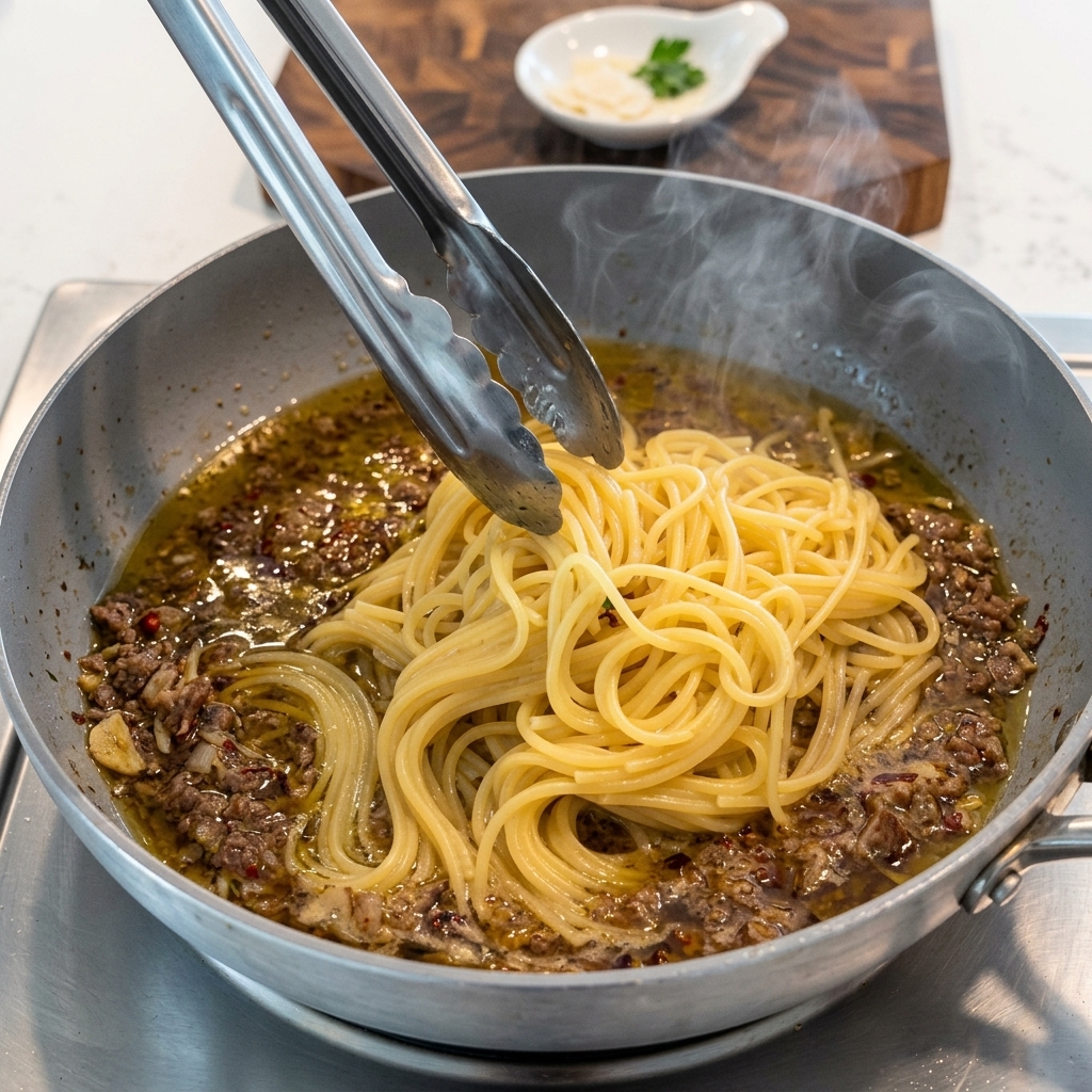 Pasta al dente saltata con la salsa nella padella.