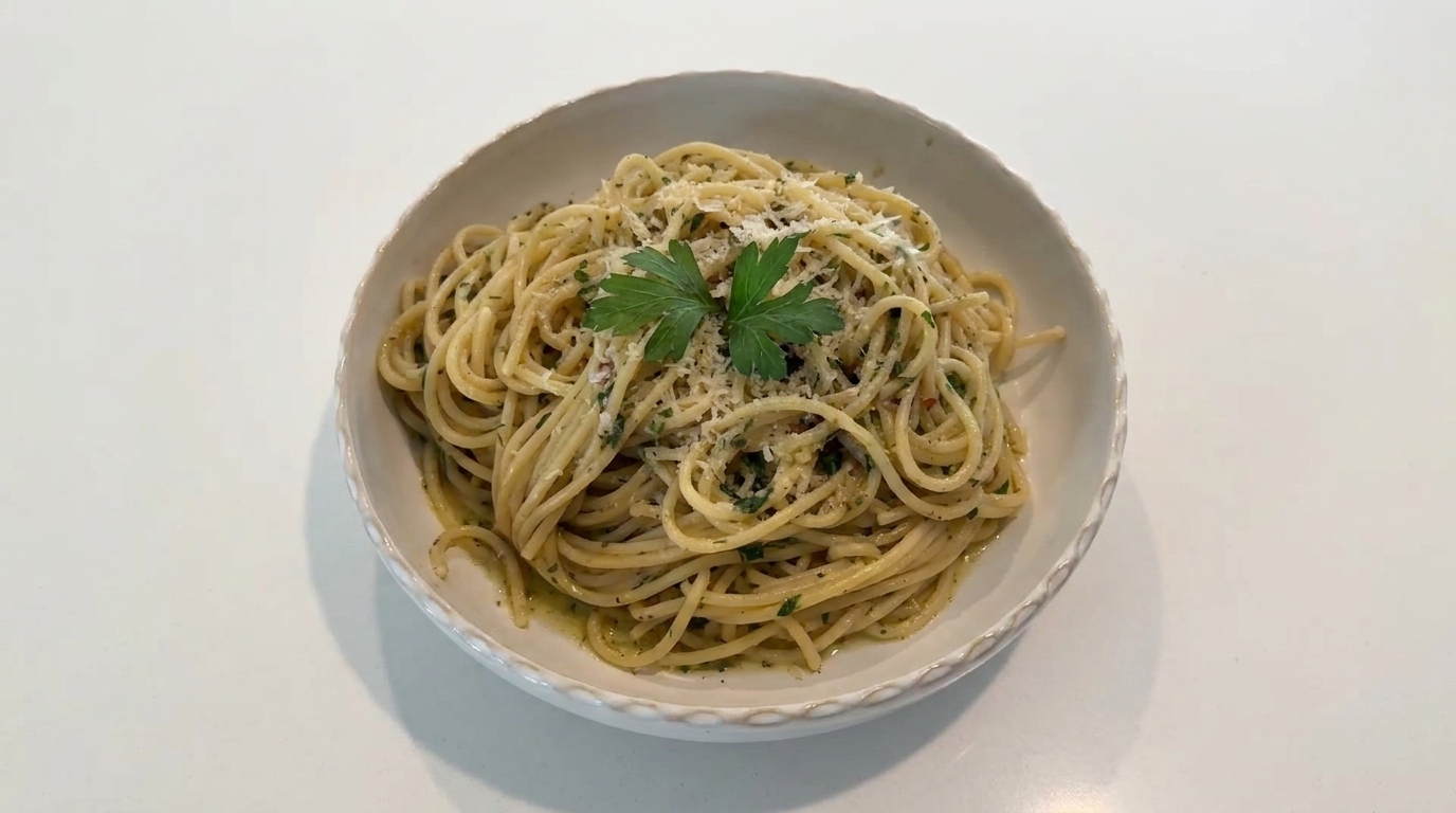 Un piatto di spaghetti lucidi al profumo di limone, guarniti con prezzemolo fresco e parmigiano.
