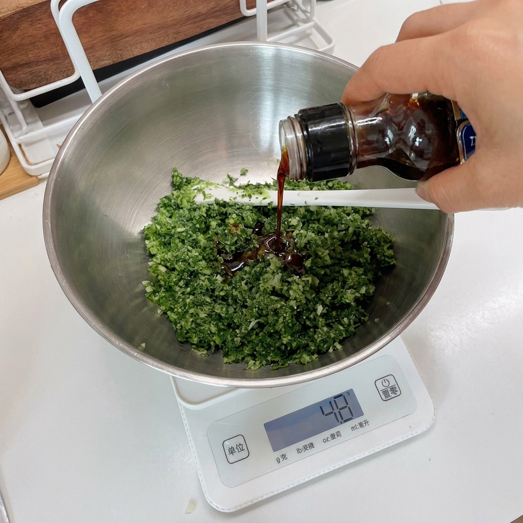 Pepe nero aggiunto al composto di prezzemolo riposto in una ciotola su una bilancia da cucina.