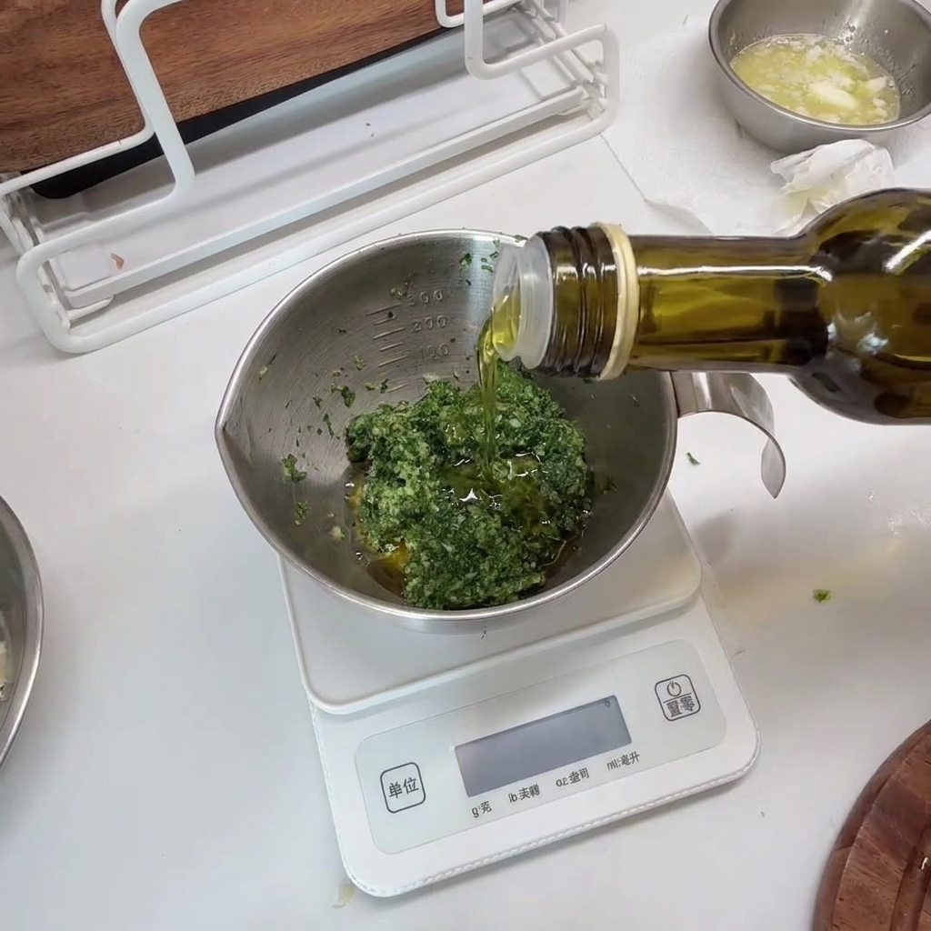 Una ciotola dosatrice di metallo contenente il composto di prezzemolo verde con olio doliva versato da una bottiglia di vetro.