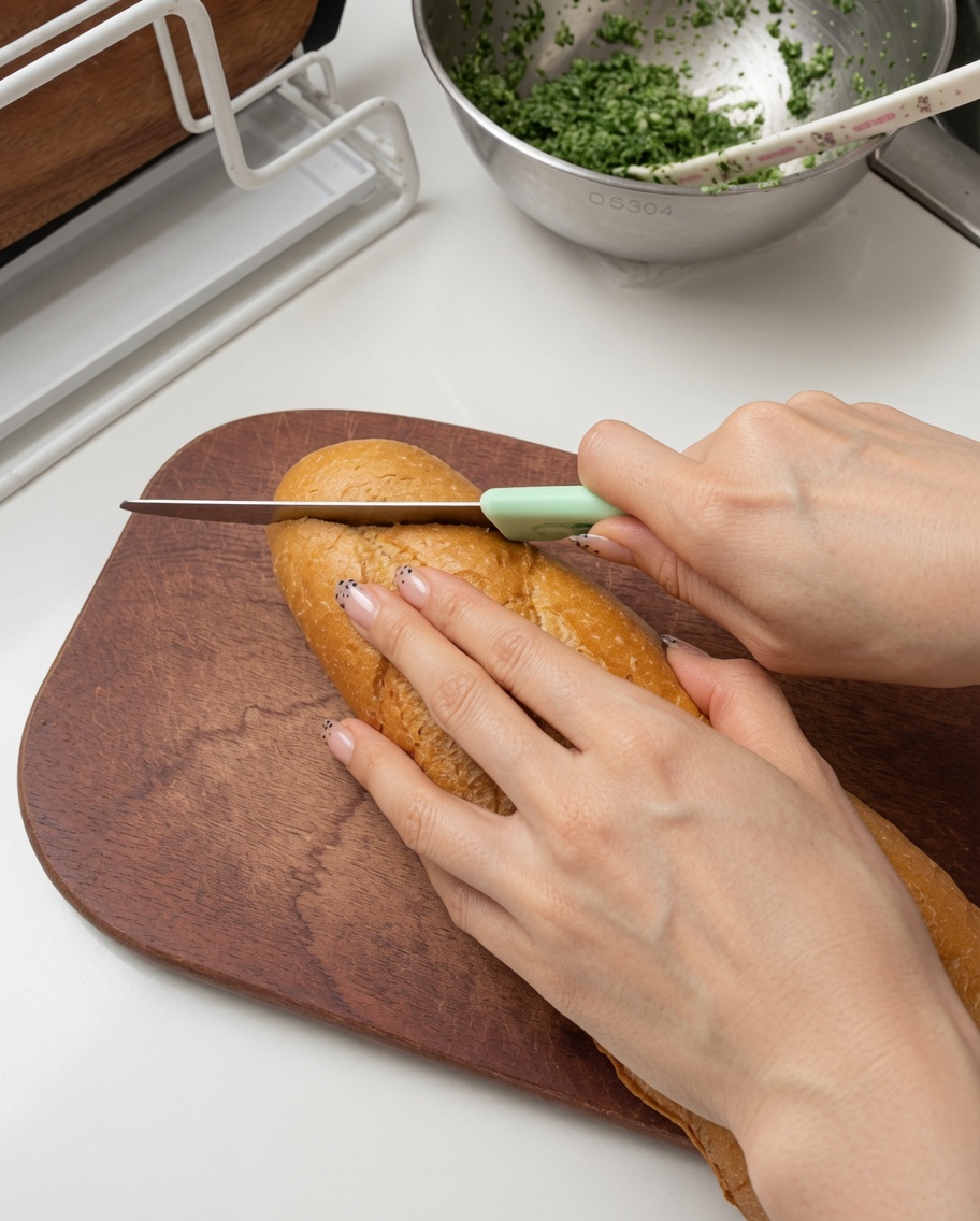 Mani che usano un coltello seghettato per affettare una baguette fresca su un tagliere di legno.
