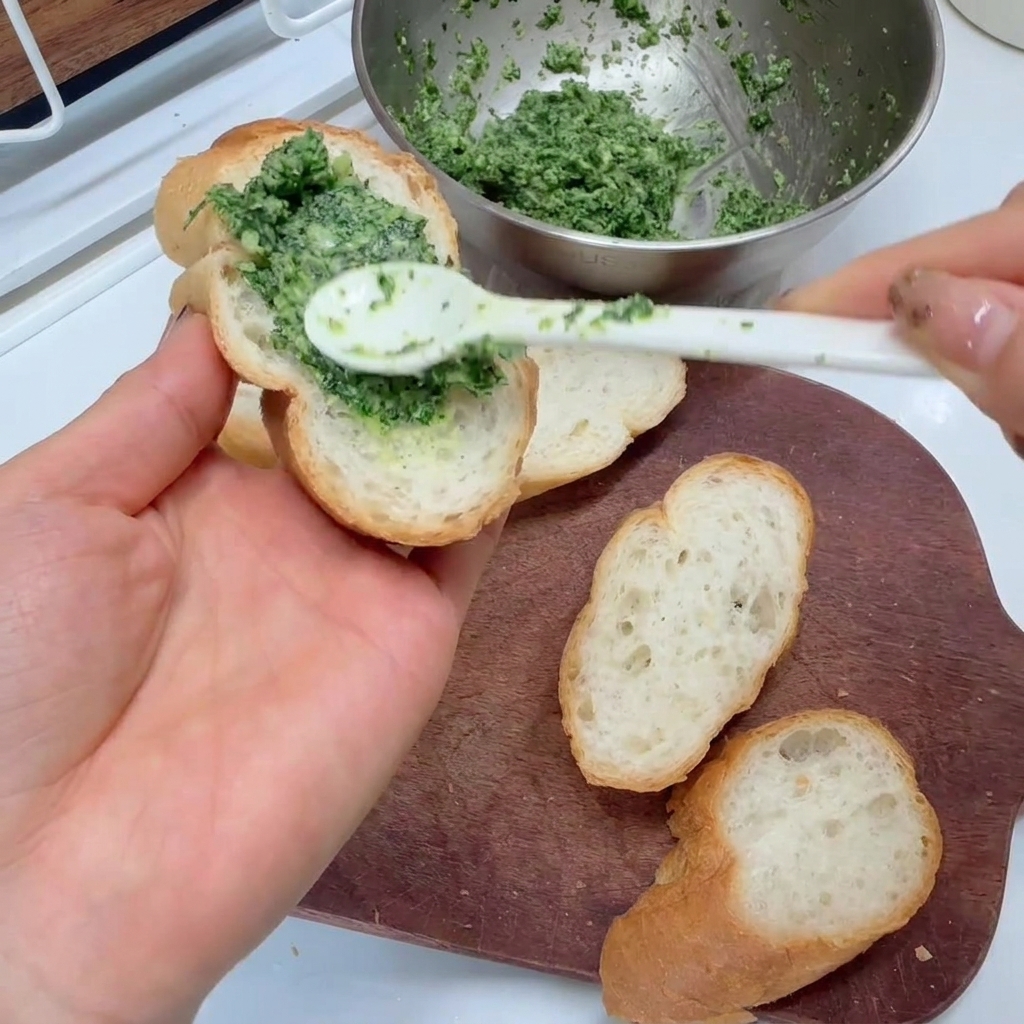 Spalmare un composto verde brillante di aglio e prezzemolo su fette di baguette con un cucchiaio.