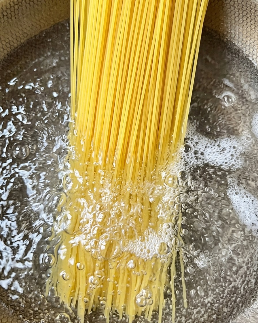 Spaghetti che si immergono in una pentola di acqua bollente.