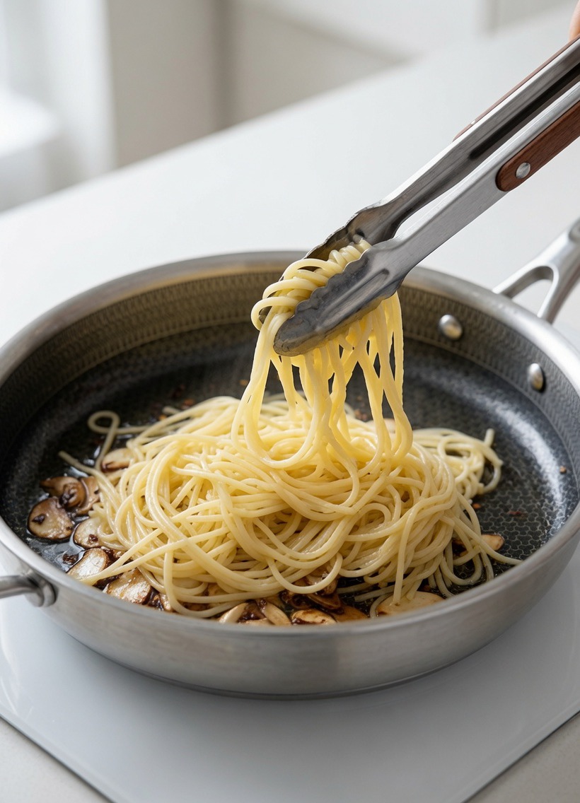 Spaghetti saltati in padella con aglio e olio aiutandosi con delle pinze in acciaio.