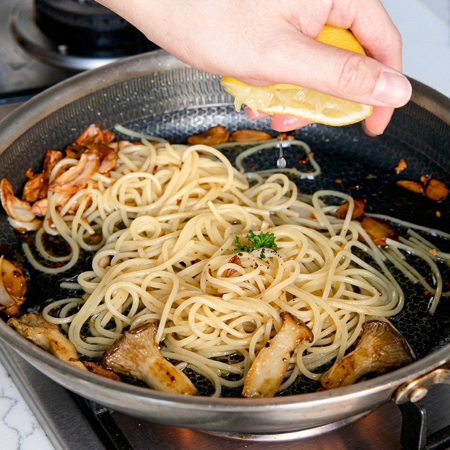 Succo di un quarto di limone spremuto sopra gli spaghetti in padella.