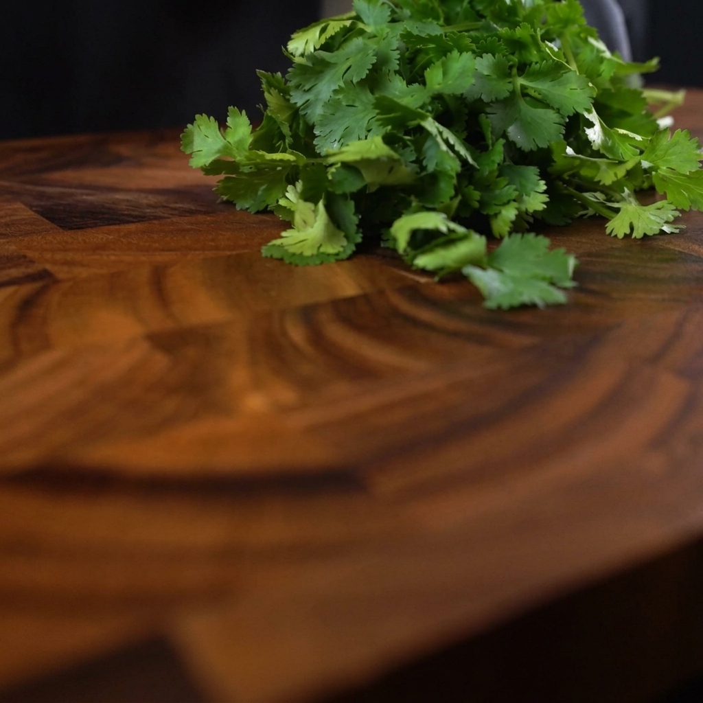 Prezzemolo fresco tritato finemente su un tagliere di legno scuro con un coltello da chef.