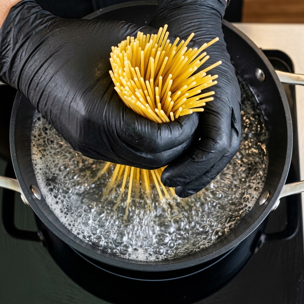 Mani che immergono un fascio di spaghetti secchi in una pentola con acqua in forte ebollizione.