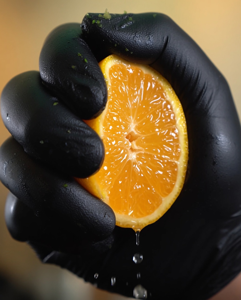 Succo di limone fresco spremuto da uno spicchio sulla pasta condita in padella.
