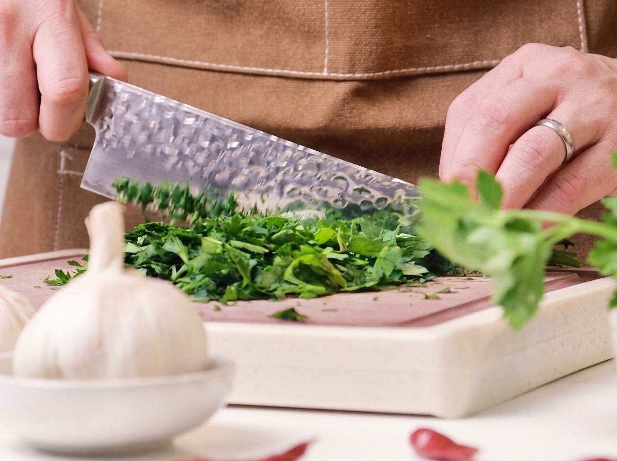 Prezzemolo verde fresco tritato finemente su un tagliere di legno con un grosso coltello da chef.