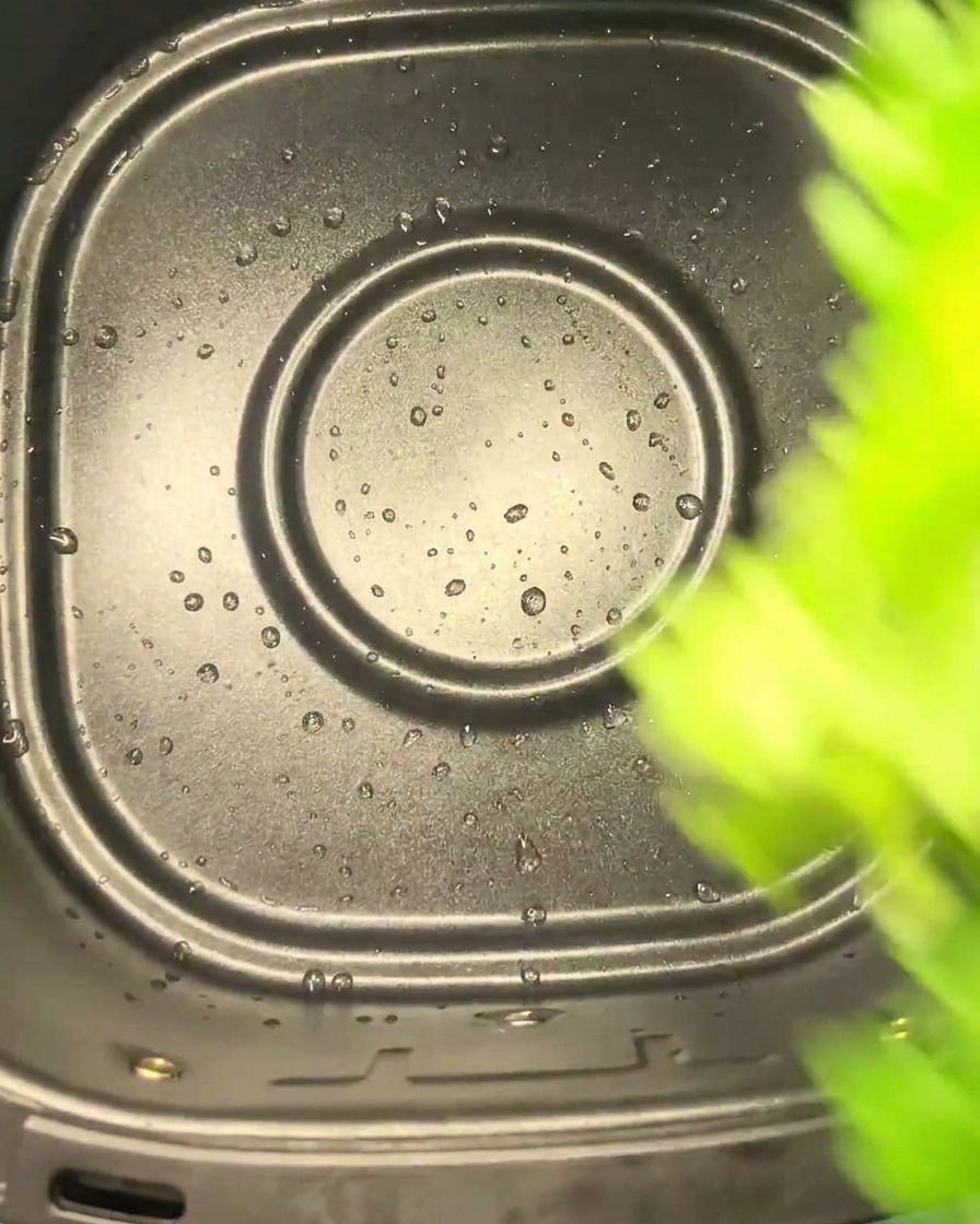 Foglie di sedano verde che cadono nel cestello nero leggermente umido di una friggitrice ad aria.