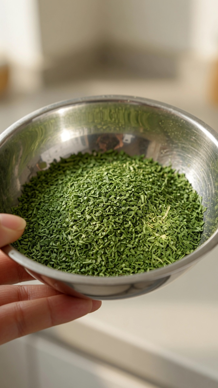 Condimento di foglie di sedano essiccate, tritate finemente e pronte alluso.