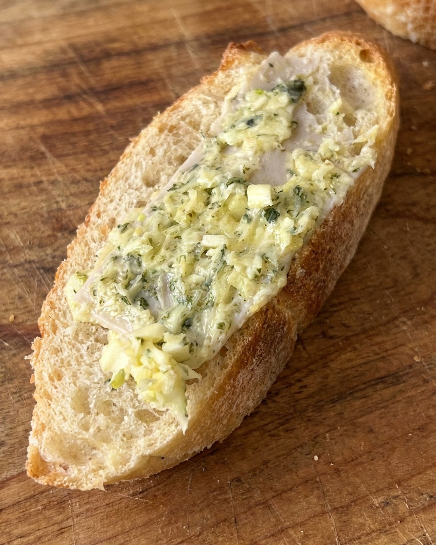 Una fetta di baguette generosamente spalmata con la crema al burro.