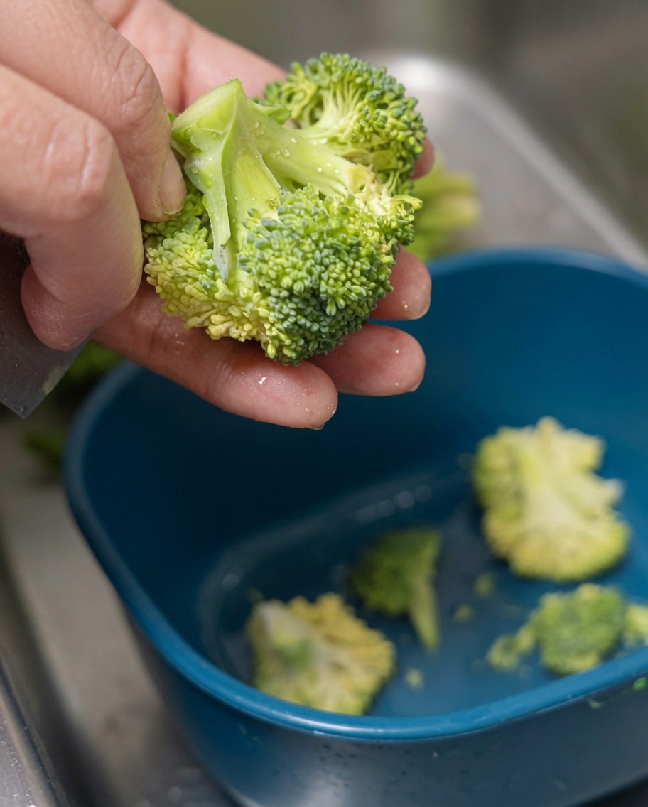 Cimette di broccoli freschi lavate e tagliate per la cottura.