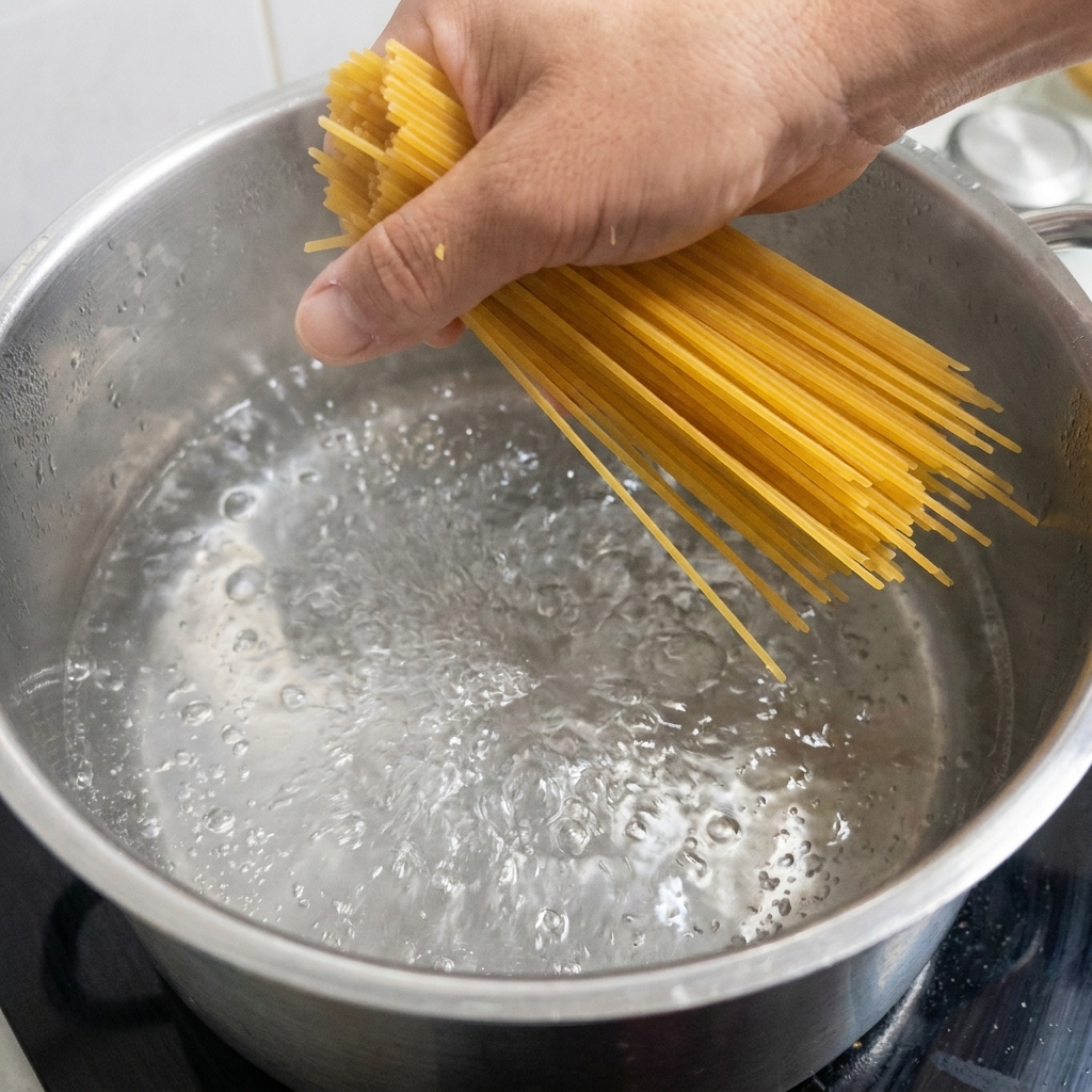 Una manciata di spaghetti secchi immersi nellacqua bollente.
