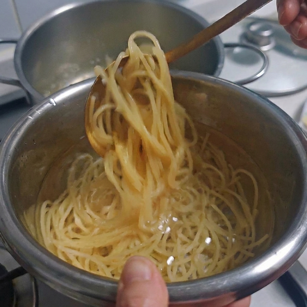 Spaghetti cotti raffreddati in una ciotola dacqua.