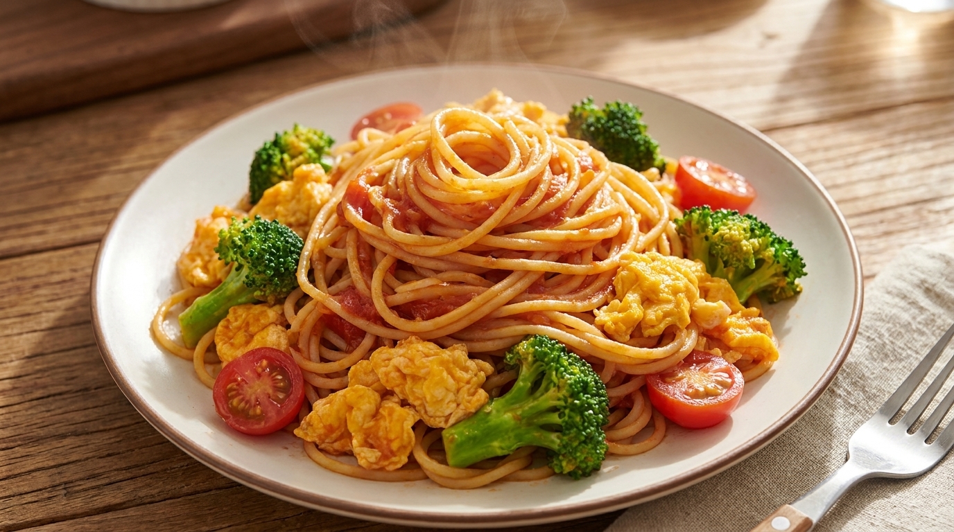 Spaghetti Saltati con Pomodori, Uova e Broccoli
