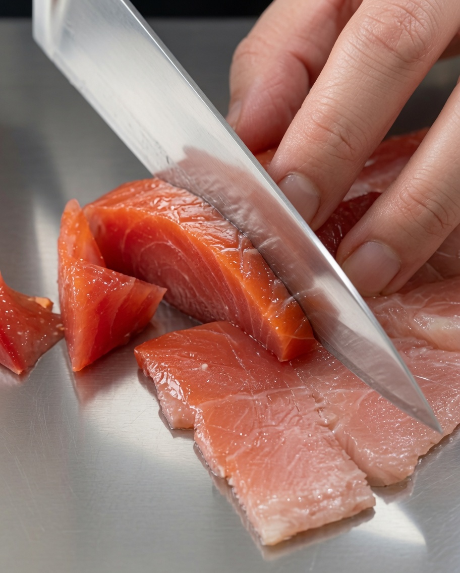 Piccoli pezzi di bacon affettato disposti su un tagliere.