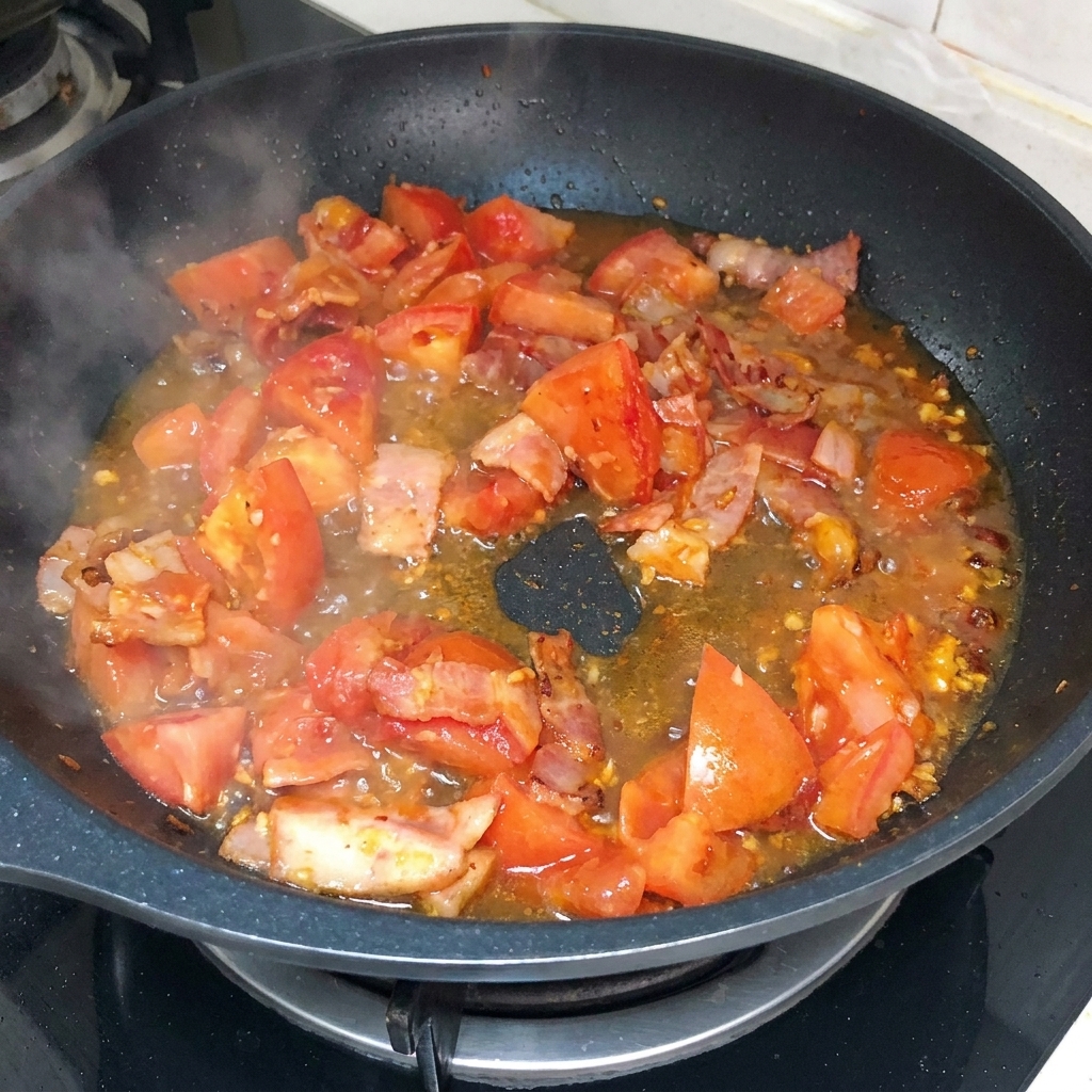 Acqua calda versata nella padella sul composto di pomodoro, bacon e aglio che sobbolle.