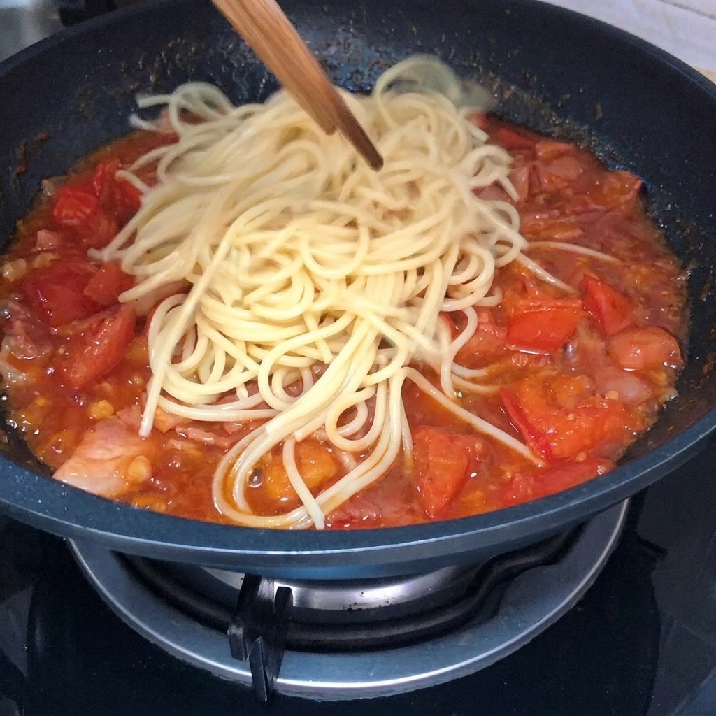 Fili di pasta cotta aggiunti al ricco sugo di pomodoro e bacon che sobbolle nella padella.