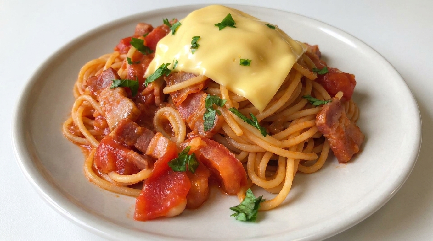 Pasta Facile Pomodoro e Bacon con Formaggio Fuso