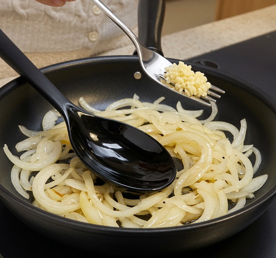 Aggiungere una forchettata di aglio tritato in una padella con cipolle saltate.