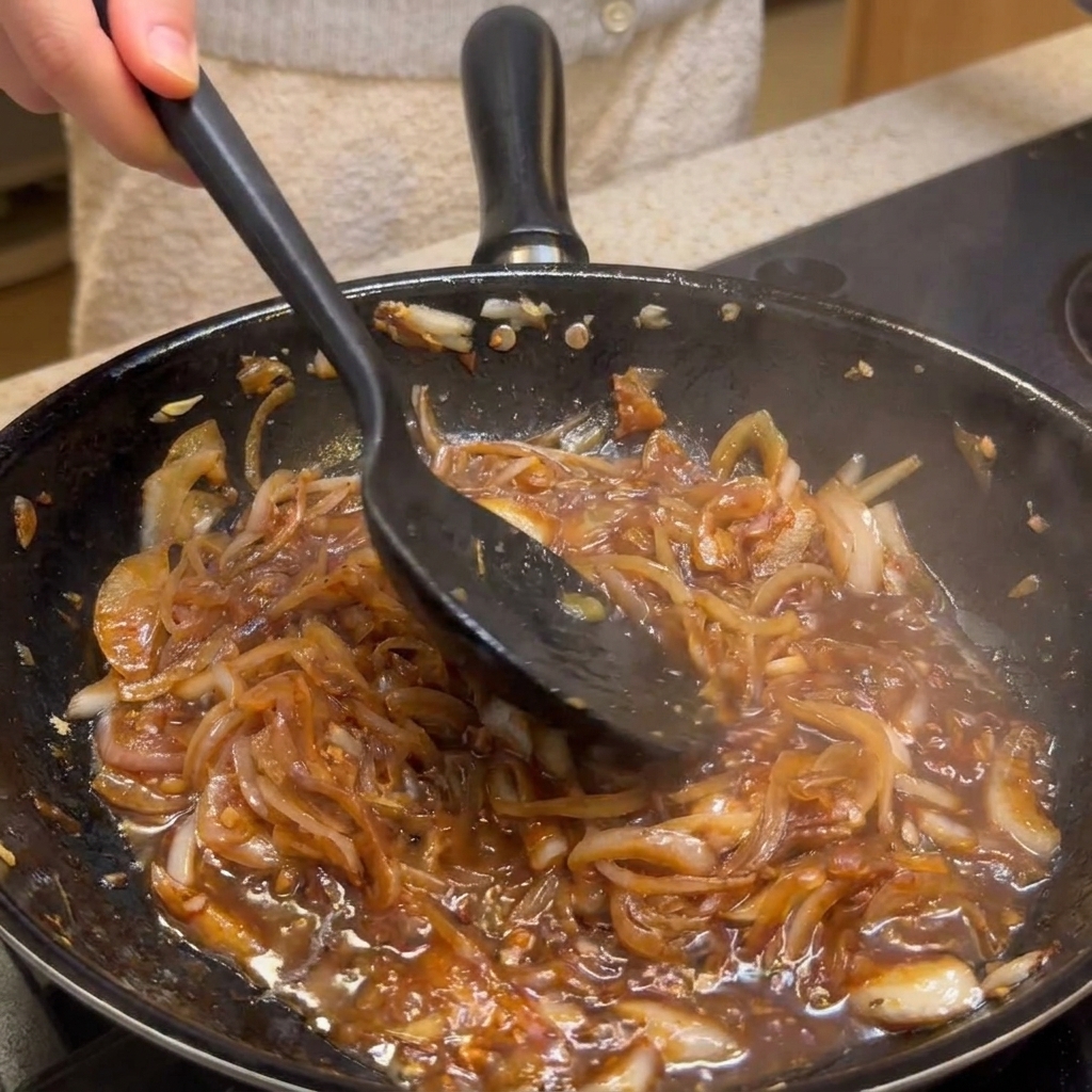 Acqua di cottura e olio al peperoncino aggiunti a una ricca e scura salsa di cipolle in padella.