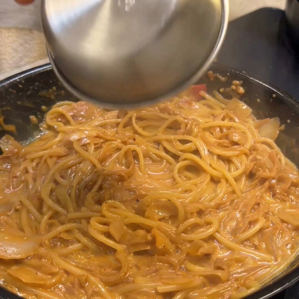 Pezzetti di bacon croccante aggiunti a una padella di pasta cremosa per la mantecatura finale.