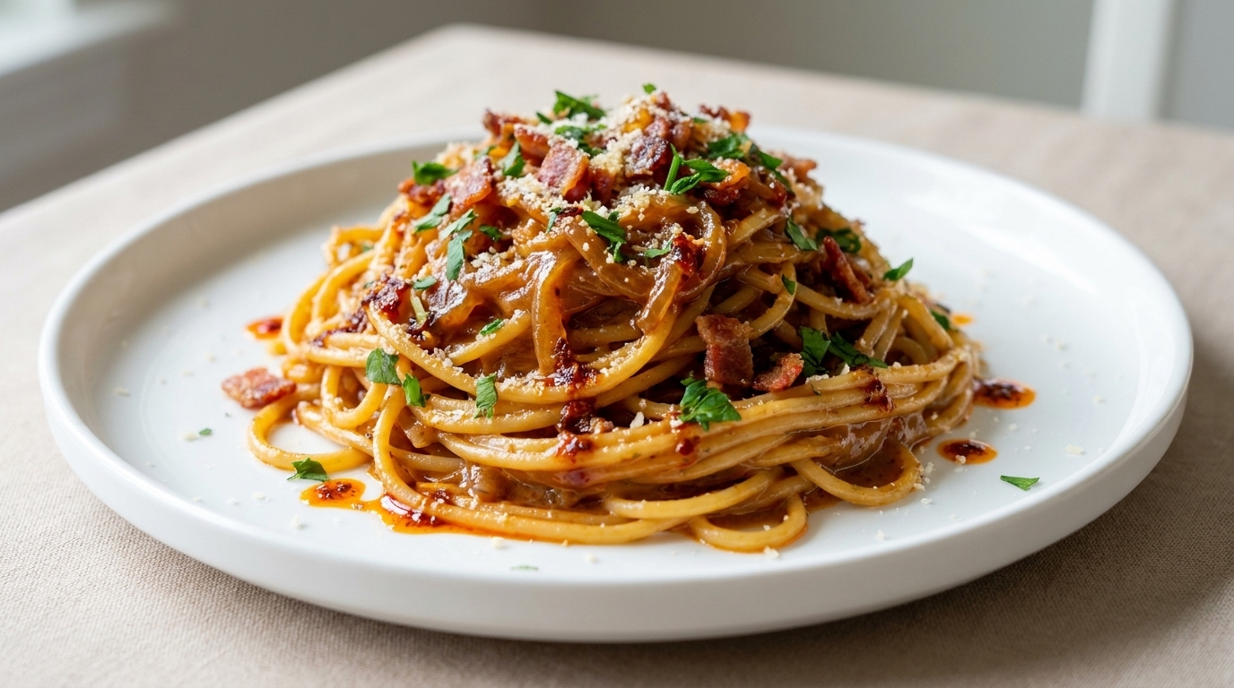 Pasta Cremosa e Piccante con Cipolle Caramellate e Bacon