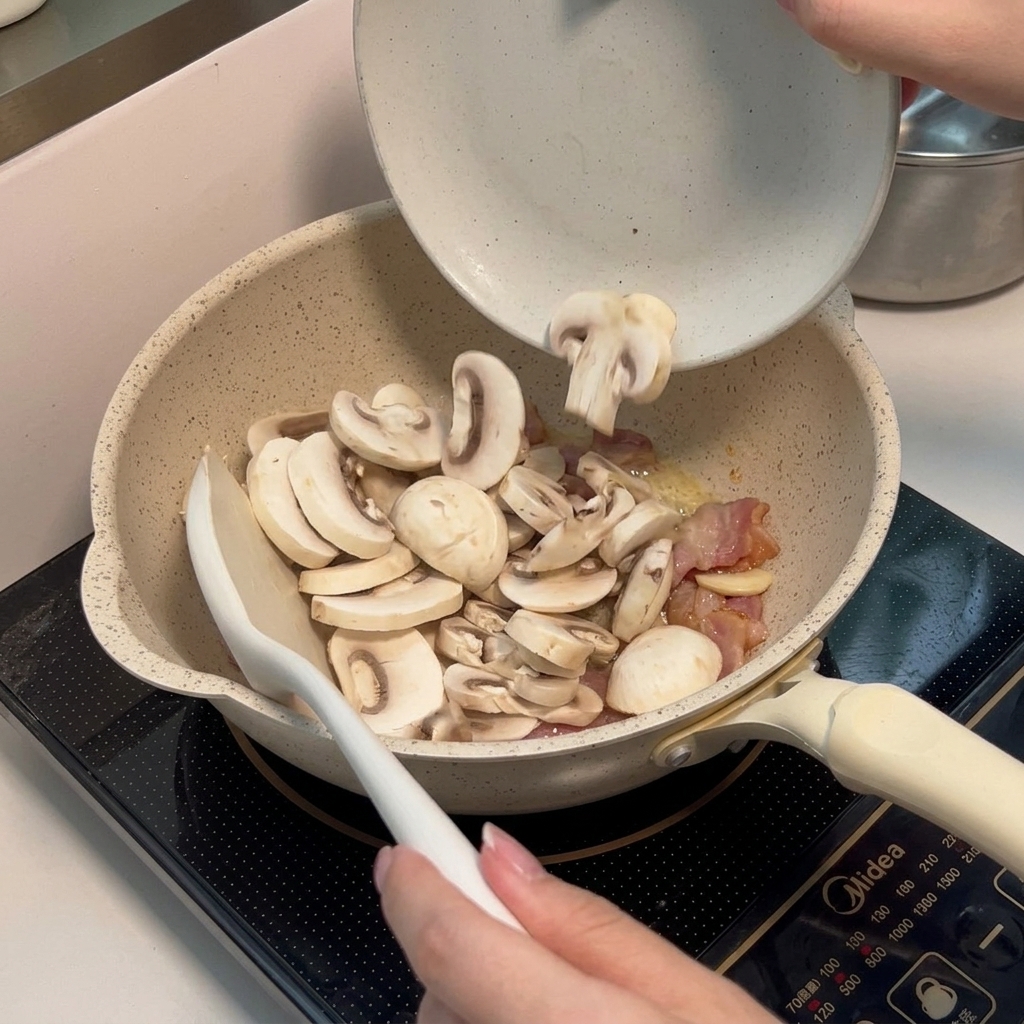 Aglio, pancetta croccante e funghi dorati in una padella antiaderente.