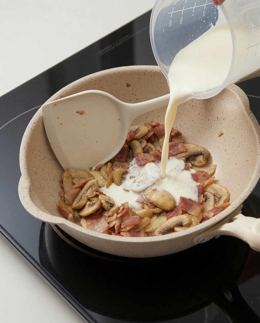 Salsa che sobbolle in padella con funghi e pancetta.