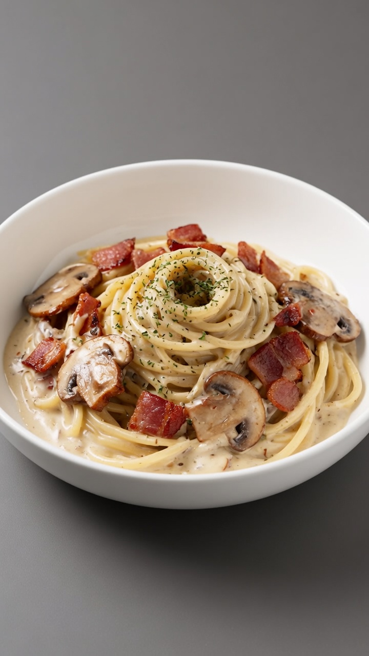 Spaghetti Cremosi ai Funghi e Pancetta