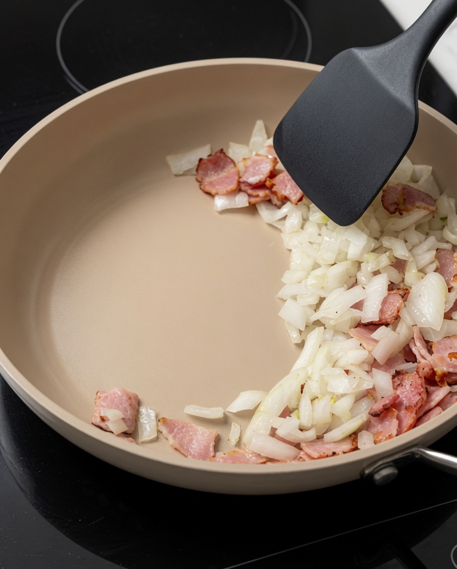 Acqua versata nella padella contenente il composto di pancetta e cipolla.