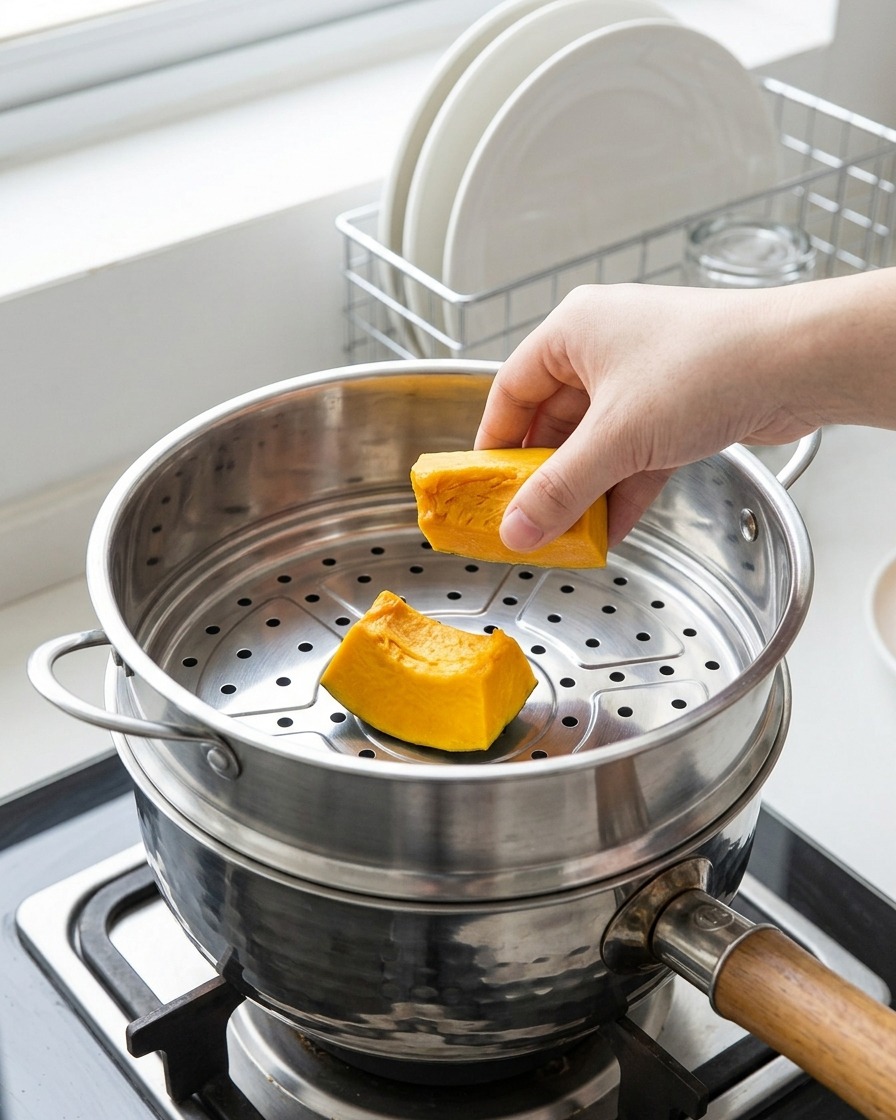 Cubetti di zucca in un cestello per la cottura al vapore sopra una pentola dacqua bollente.