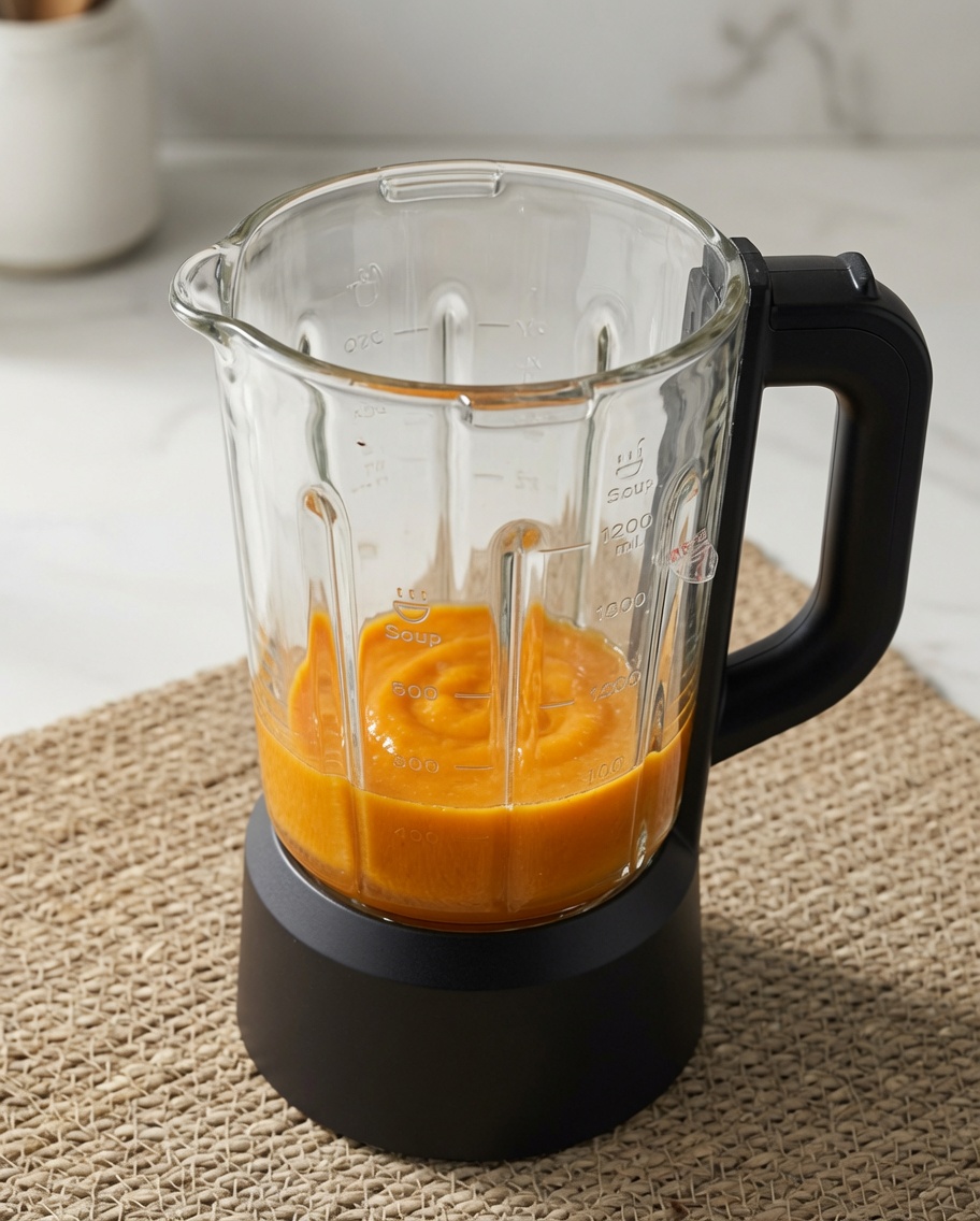 Crema di zucca arancione e vellutata nel bicchiere di un frullatore.