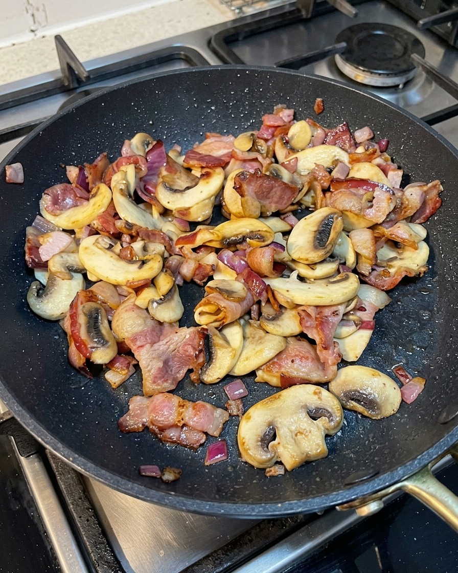 Spaghetti aggiunti in padella con il mix di funghi, cipolla e bacon.