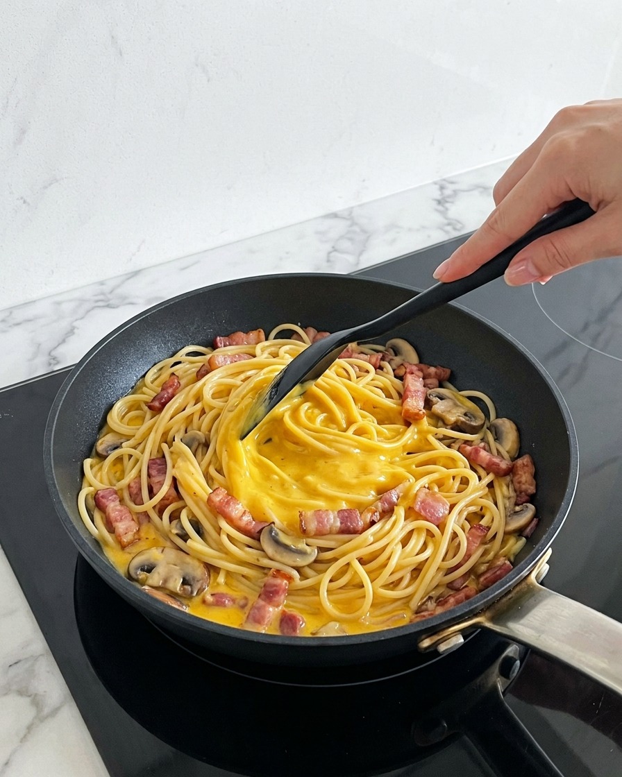 Spatola nera che amalgama gli spaghetti con la crema di zucca e il bacon.