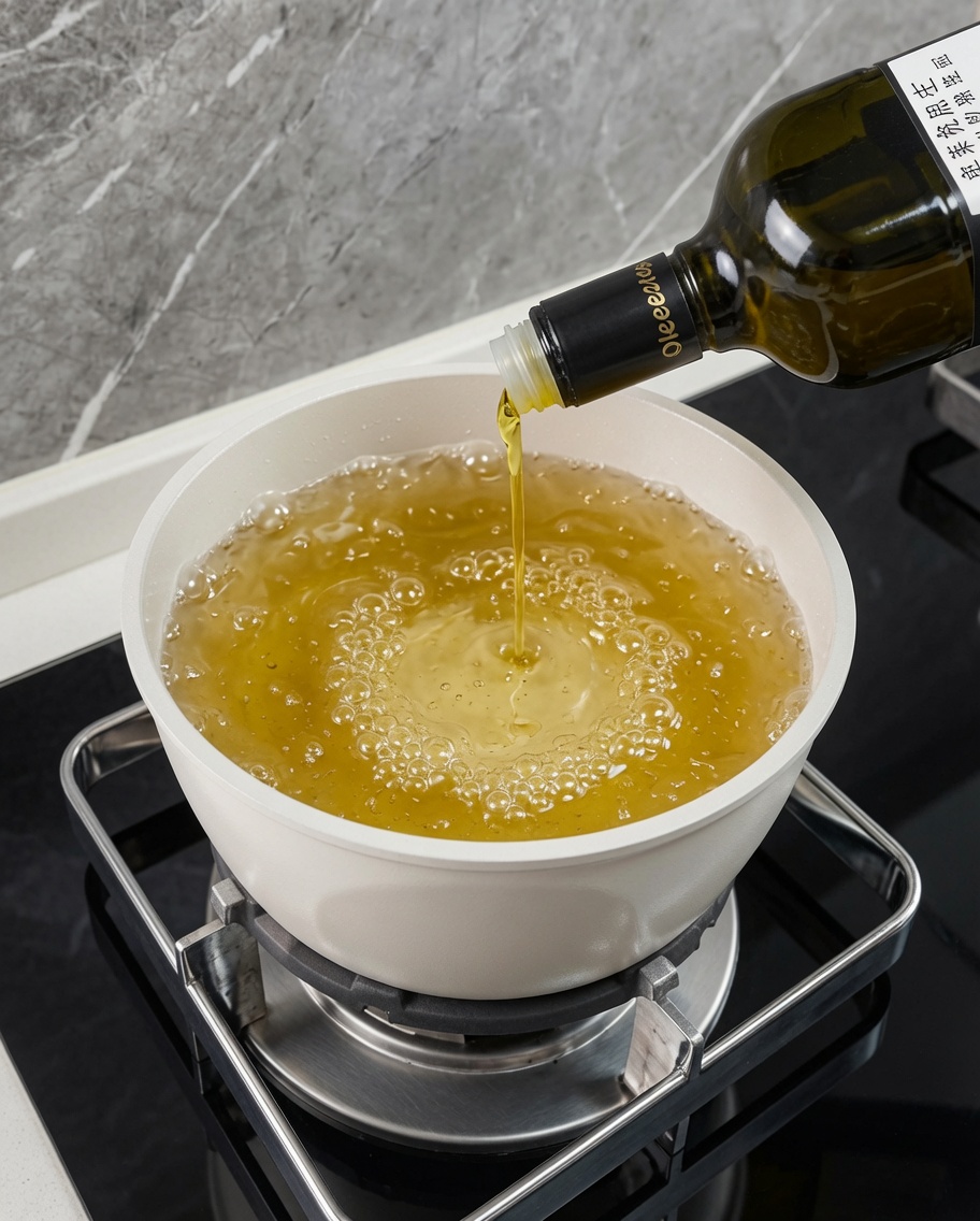 Spaghetti in cottura in una pentola di acqua bollente con olio doliva sul fornello.