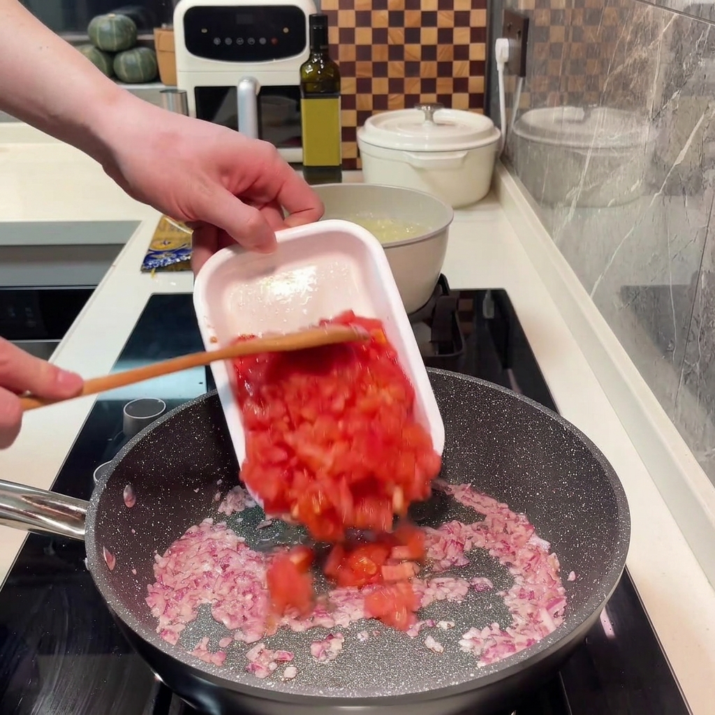 Pomodori a cubetti cotti in padella fino al rilascio dei loro succhi.