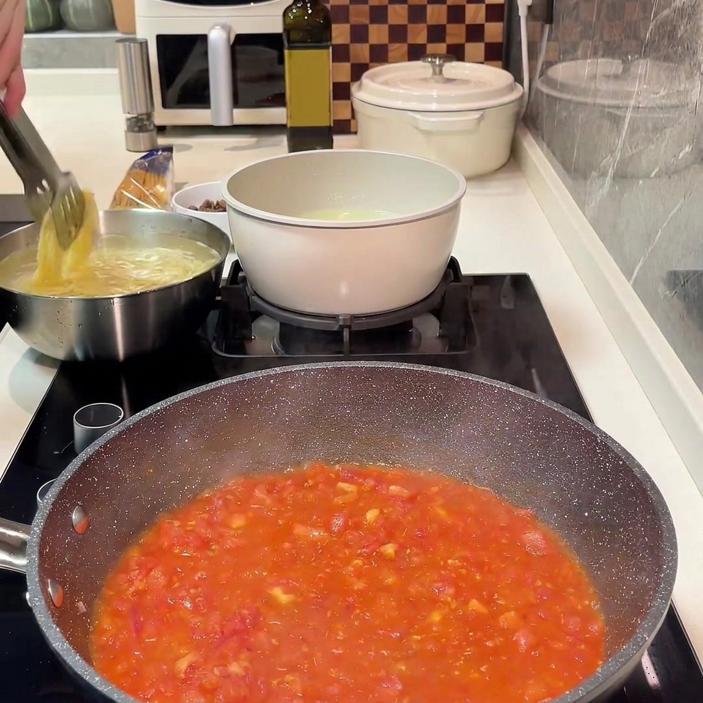 Carne macinata mescolata di nuovo alla base di pomodoro e cipolla in padella.