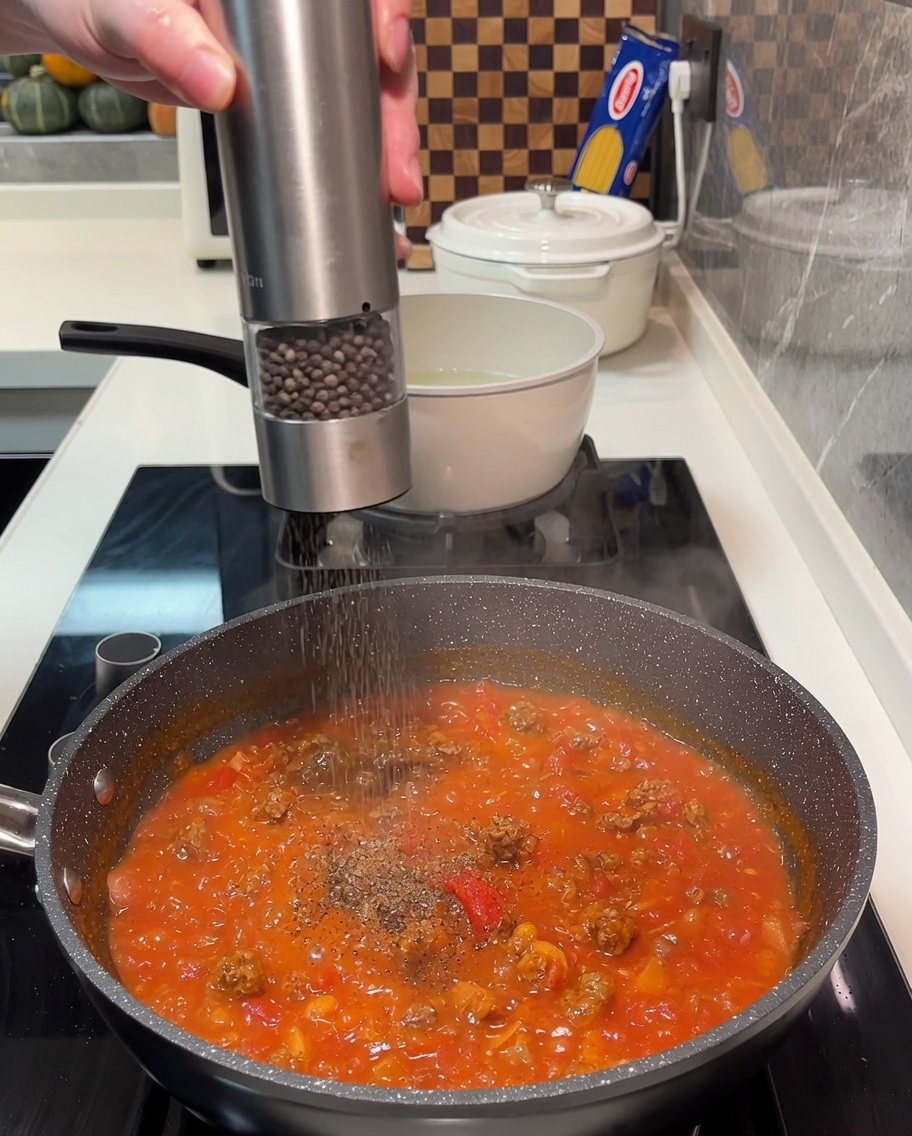 Ketchup e condimenti aggiunti al sugo di carne in padella.