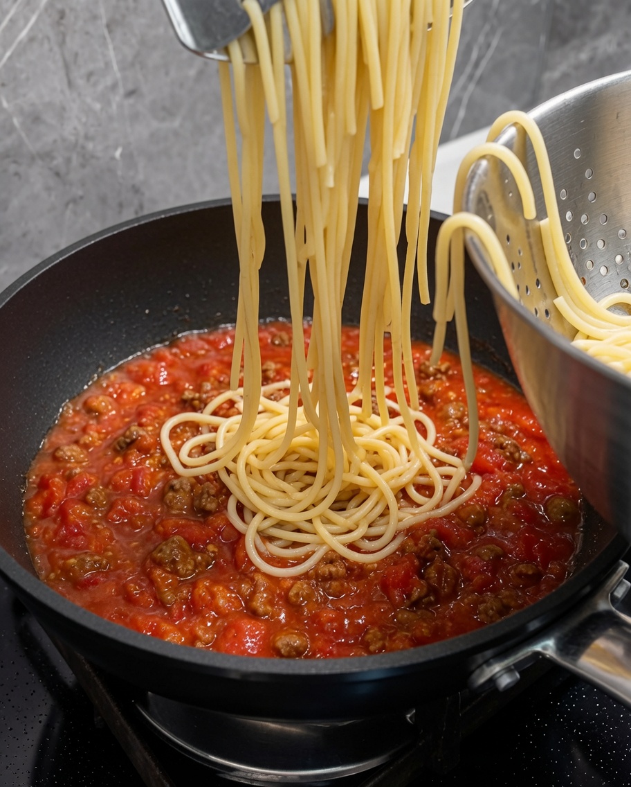 Spaghetti cotti aggiunti a una padella con un ricco ragù di carne.