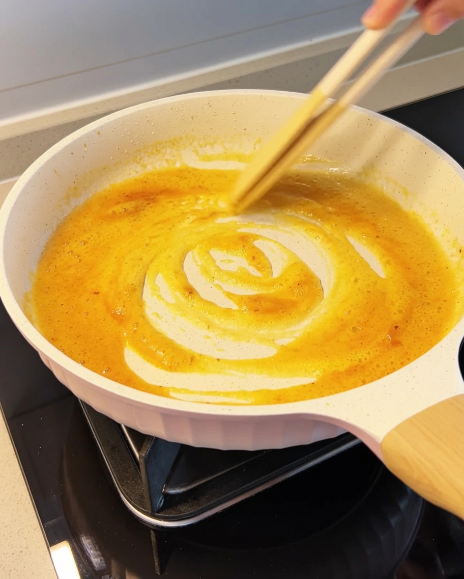Panna versata nella padella e mescolata con la base di uovo salato.