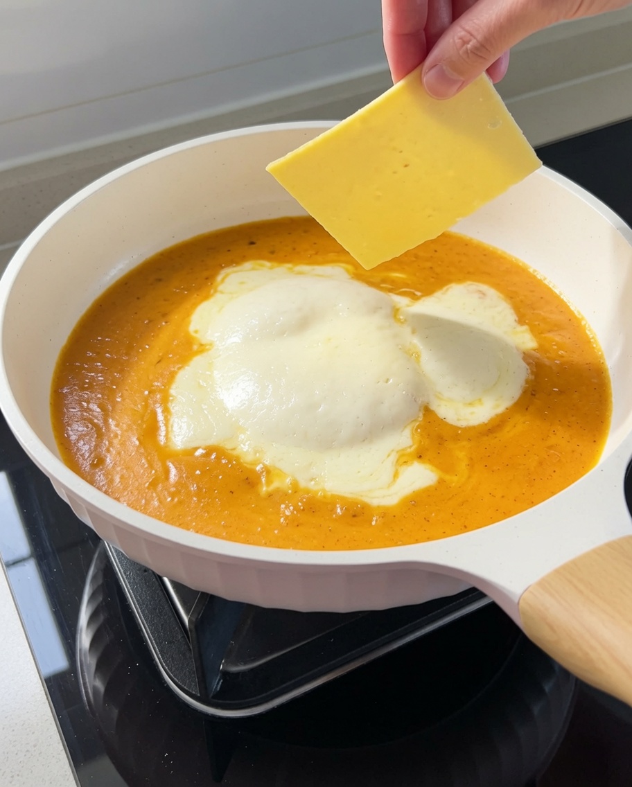 Una fetta di formaggio fuso che si scioglie nella salsa cremosa dai toni arancioni.
