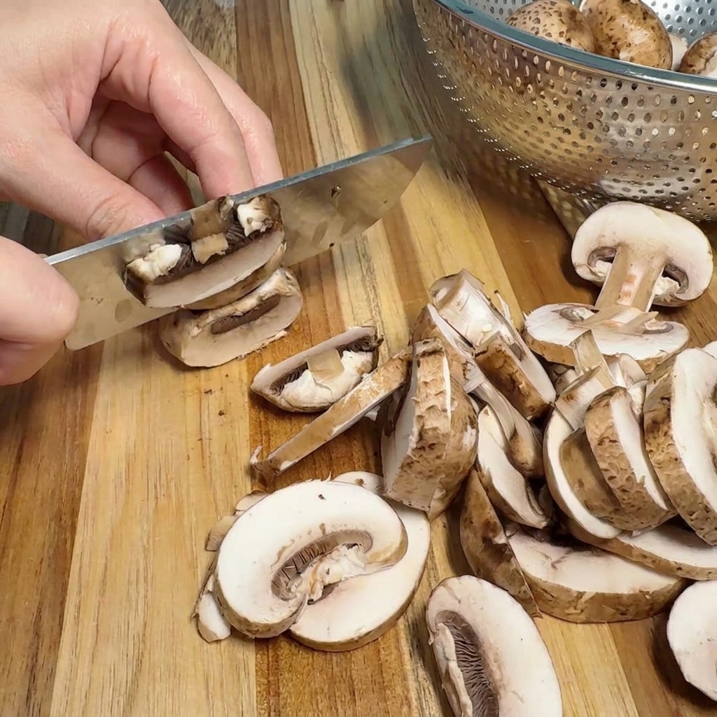 Una pila di funghi freschi affettati sottilmente in modo uniforme con un coltello da cucina.