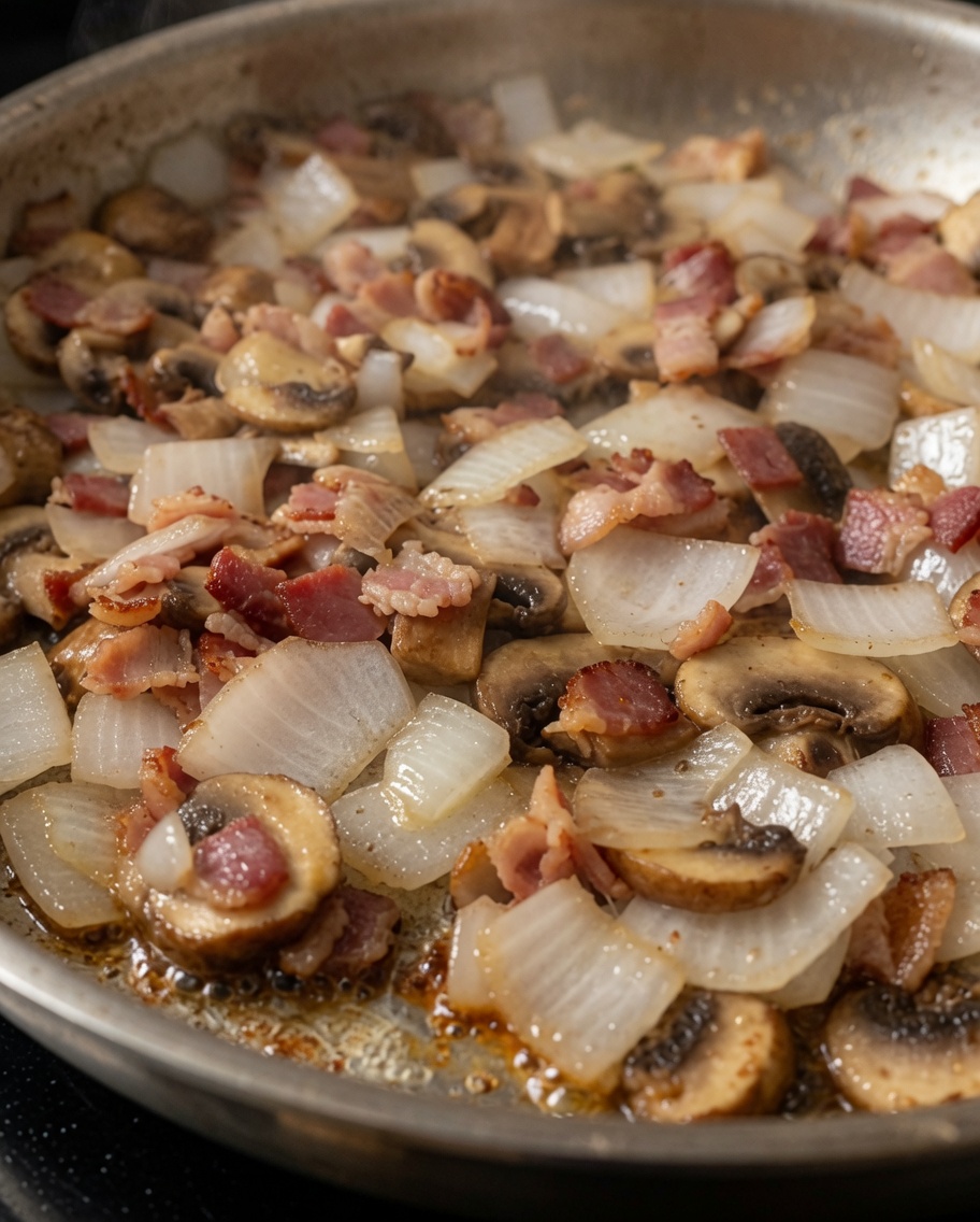 Salsa Alfredo ricca versata in una padella contenente pancetta, funghi e cipolle saltate.